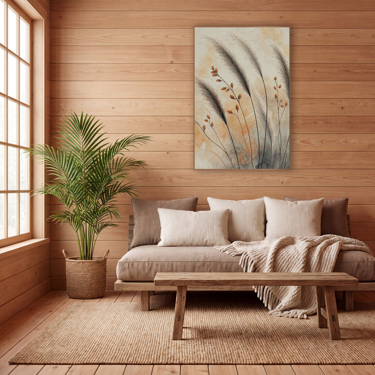 Smoky Susuki Seedpods Japandi Botanical wall art in a calm Japandi-style room – gray susuki grass plumes