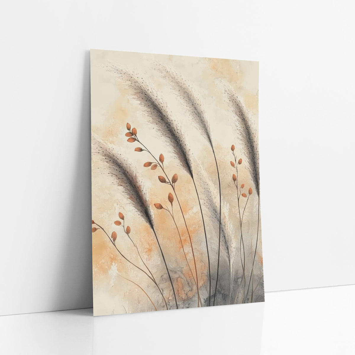 Smoky Susuki Seedpods Japandi Botanical art print leaning against a white wall – gray susuki grass plumes and rust-orange