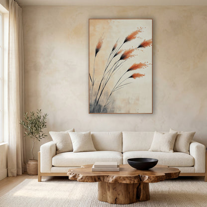 Windswept Copper Plumes Japandi Ink wall art in a calm Japandi-style room – burnt orange susuki grass plumes on thin
