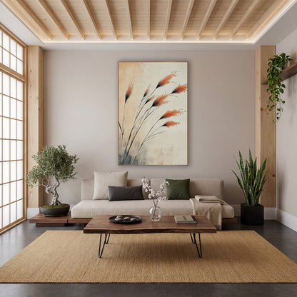 Windswept Copper Plumes Japandi Ink wall art in a calm Japandi-style room – burnt orange susuki grass plumes on thin