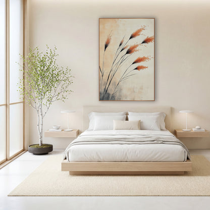Windswept Copper Plumes Japandi Ink wall art in a calm Japandi-style room – burnt orange susuki grass plumes on thin