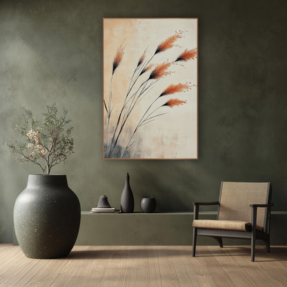 Windswept Copper Plumes Japandi Ink wall art in a calm Japandi-style room – burnt orange susuki grass plumes on thin