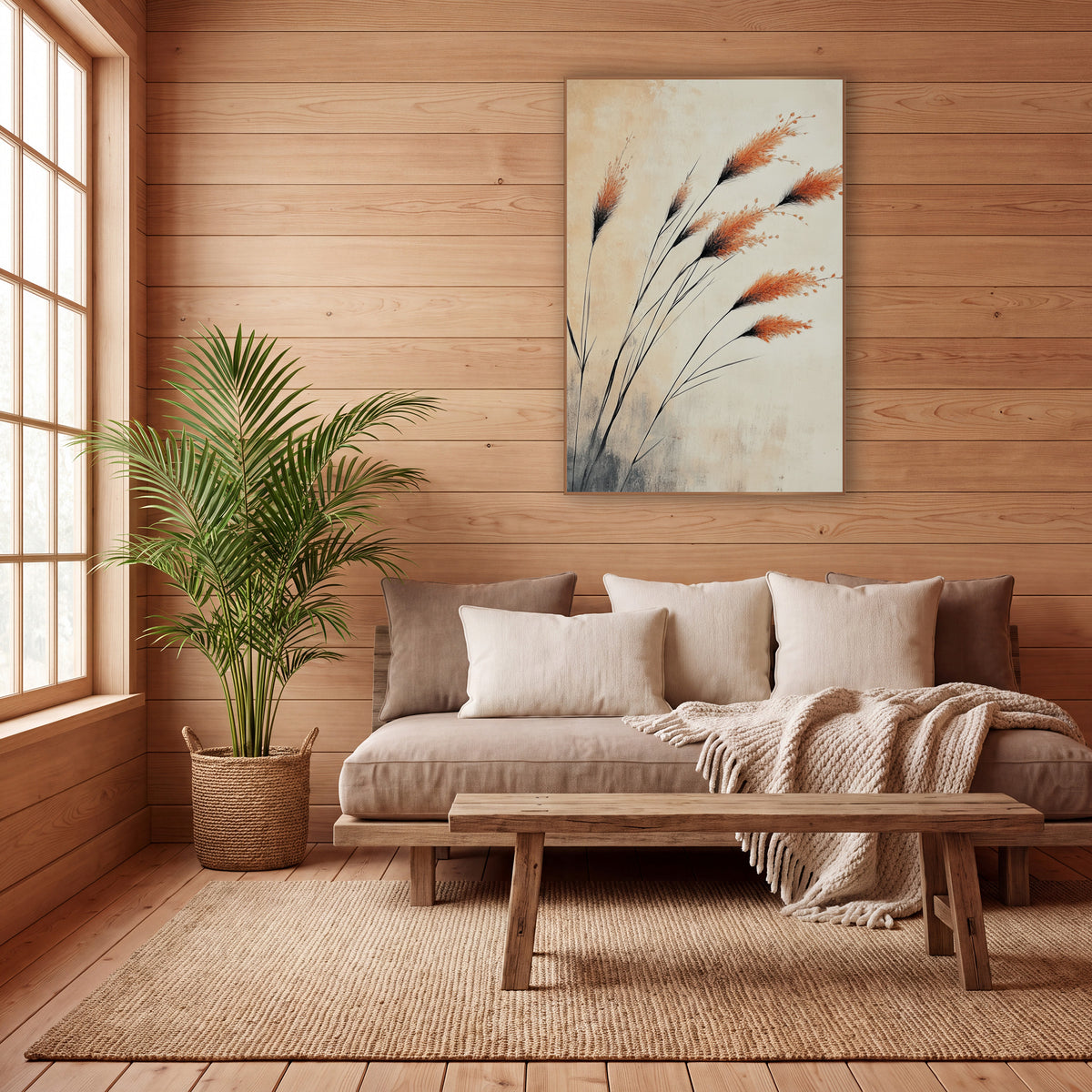 Windswept Copper Plumes Japandi Ink wall art in a calm Japandi-style room – burnt orange susuki grass plumes on thin