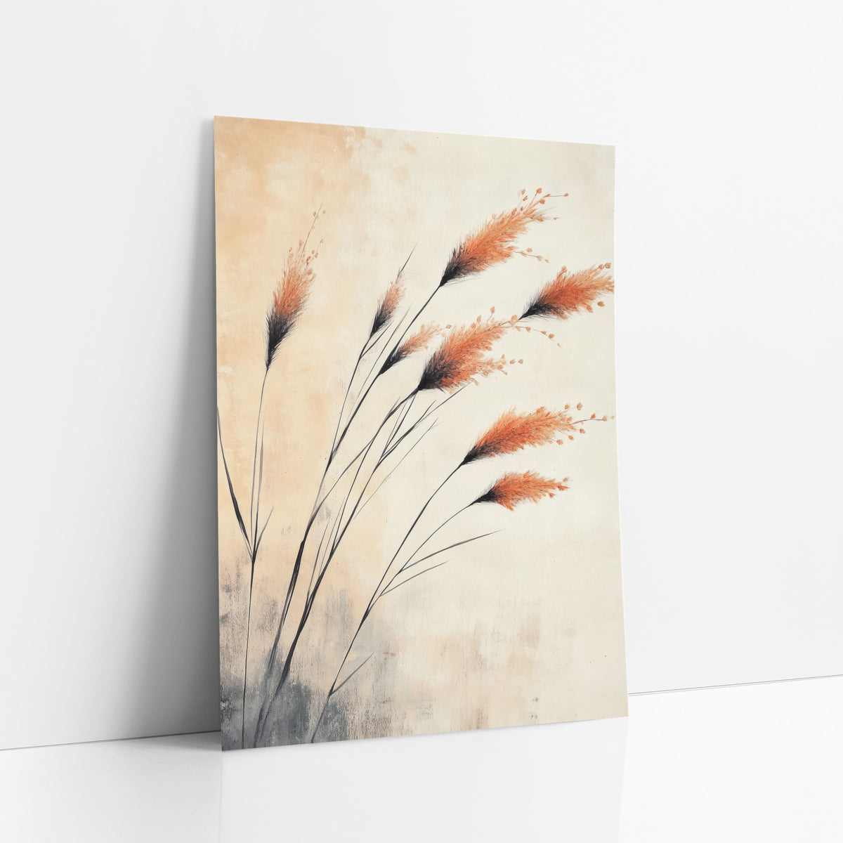 Windswept Copper Plumes Japandi Ink art print leaning against a white wall – burnt orange susuki grass plumes on thin black