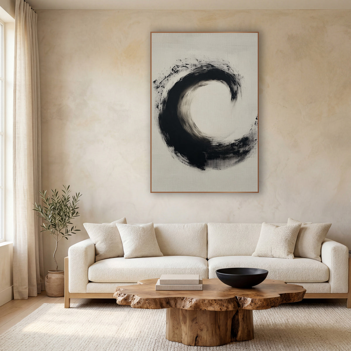 Black Ink Circle Zen Minimalist wall art in a calm Japandi-style room – open black ink brush circle with speckled