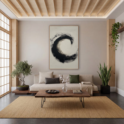 Black Ink Circle Zen Minimalist wall art in a calm Japandi-style room – open black ink brush circle with speckled
