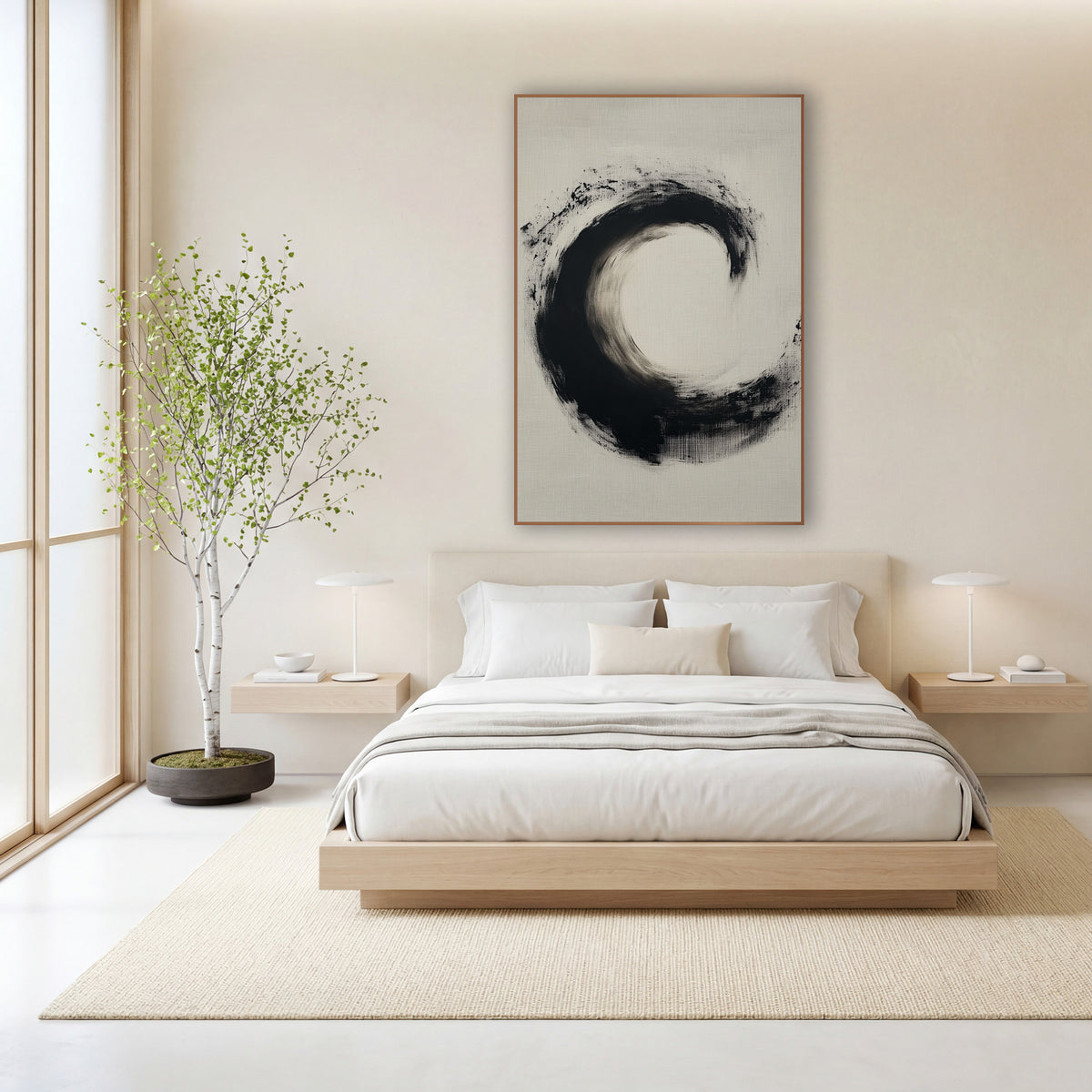 Black Ink Circle Zen Minimalist wall art in a calm Japandi-style room – open black ink brush circle with speckled