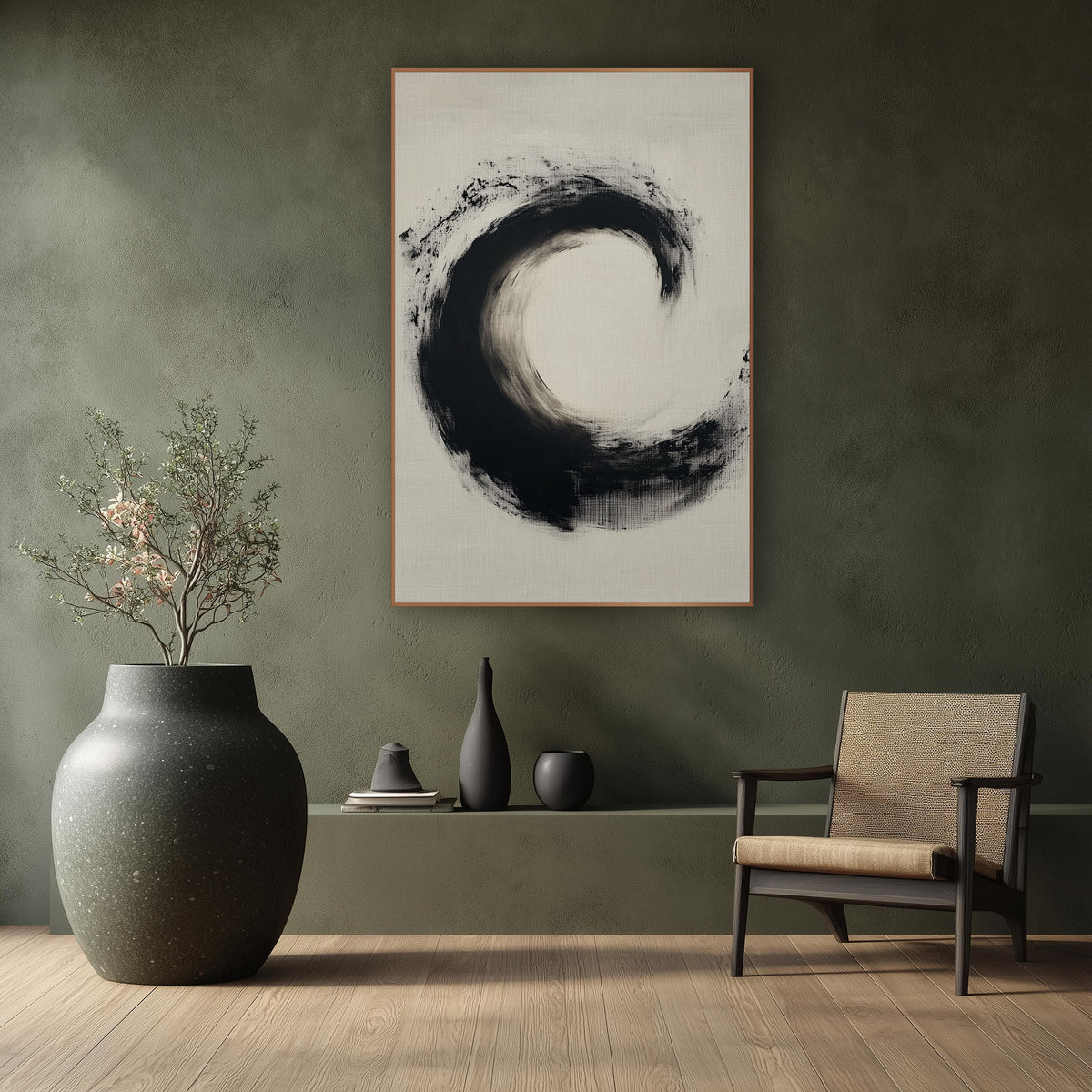 Black Ink Circle Zen Minimalist wall art in a calm Japandi-style room – open black ink brush circle with speckled