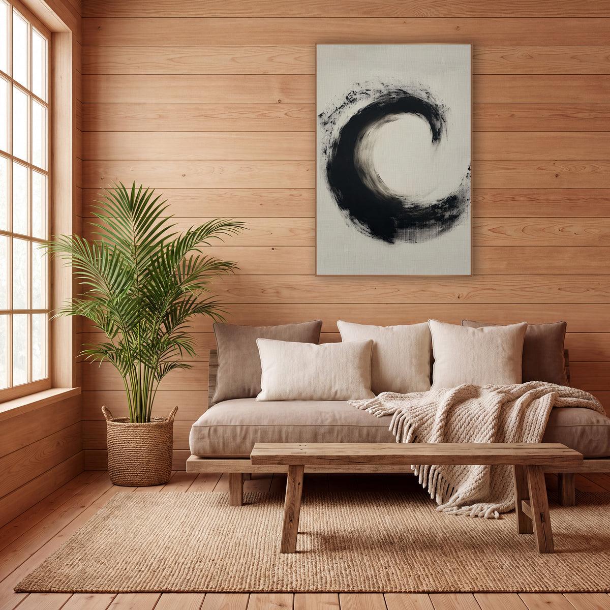 Black Ink Circle Zen Minimalist wall art in a calm Japandi-style room – open black ink brush circle with speckled