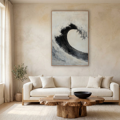 Black Ink Wave Abstract Zen wall art in a calm Japandi-style room – large black wave arc curling over a cream