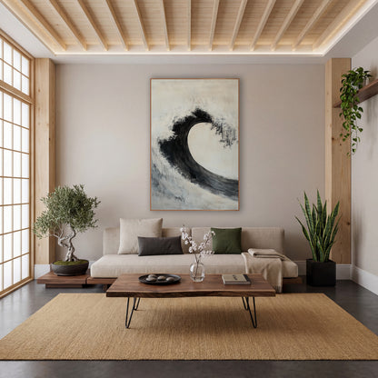 Black Ink Wave Abstract Zen wall art in a calm Japandi-style room – large black wave arc curling over a cream