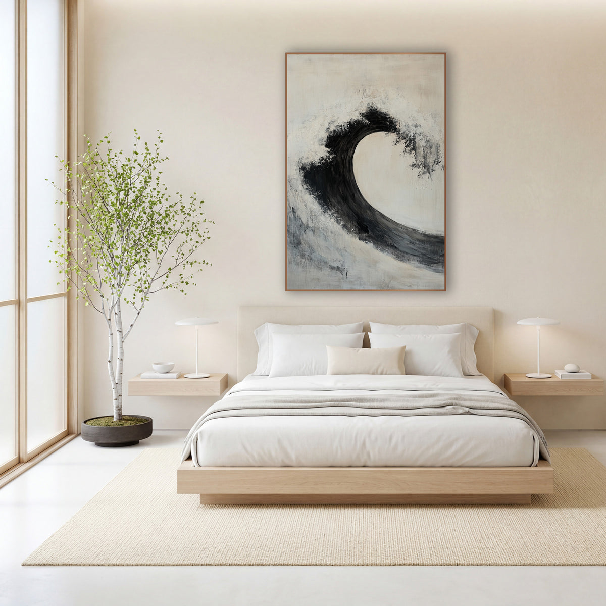 Black Ink Wave Abstract Zen wall art in a calm Japandi-style room – large black wave arc curling over a cream