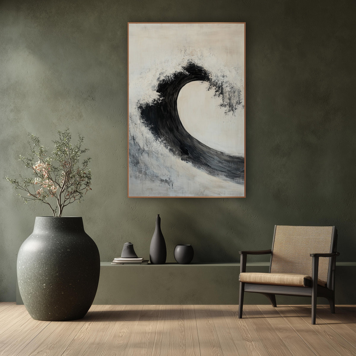 Black Ink Wave Abstract Zen wall art in a calm Japandi-style room – large black wave arc curling over a cream