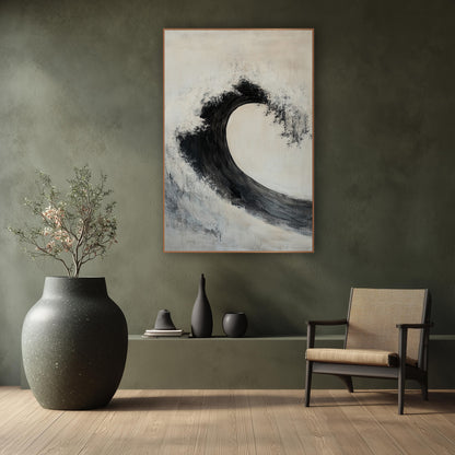 Black Ink Wave Abstract Zen wall art in a calm Japandi-style room – large black wave arc curling over a cream