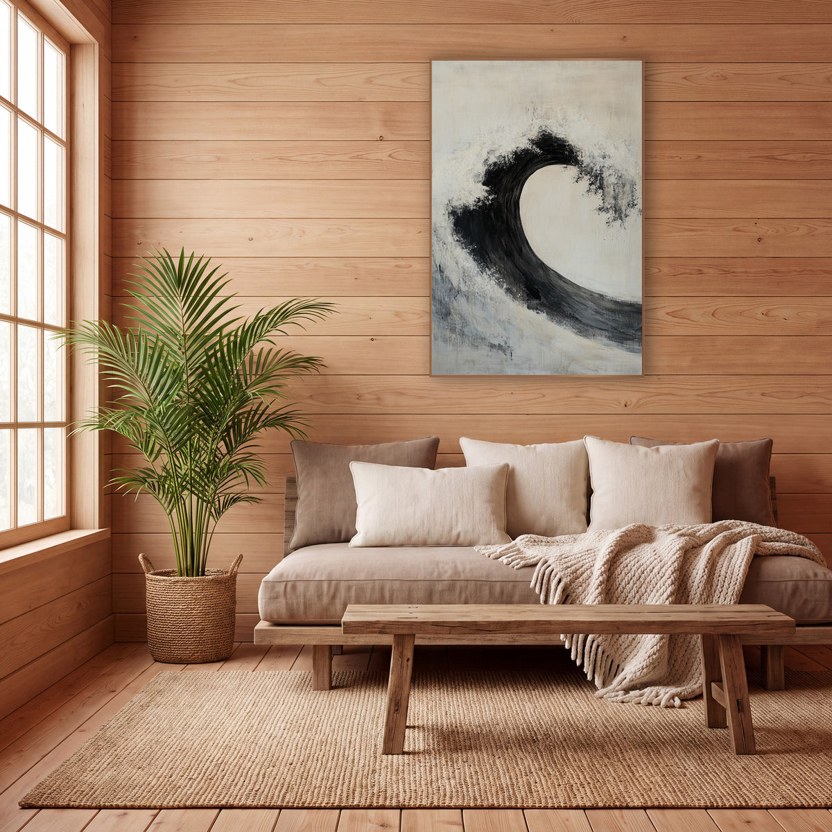 Black Ink Wave Abstract Zen wall art in a calm Japandi-style room – large black wave arc curling over a cream