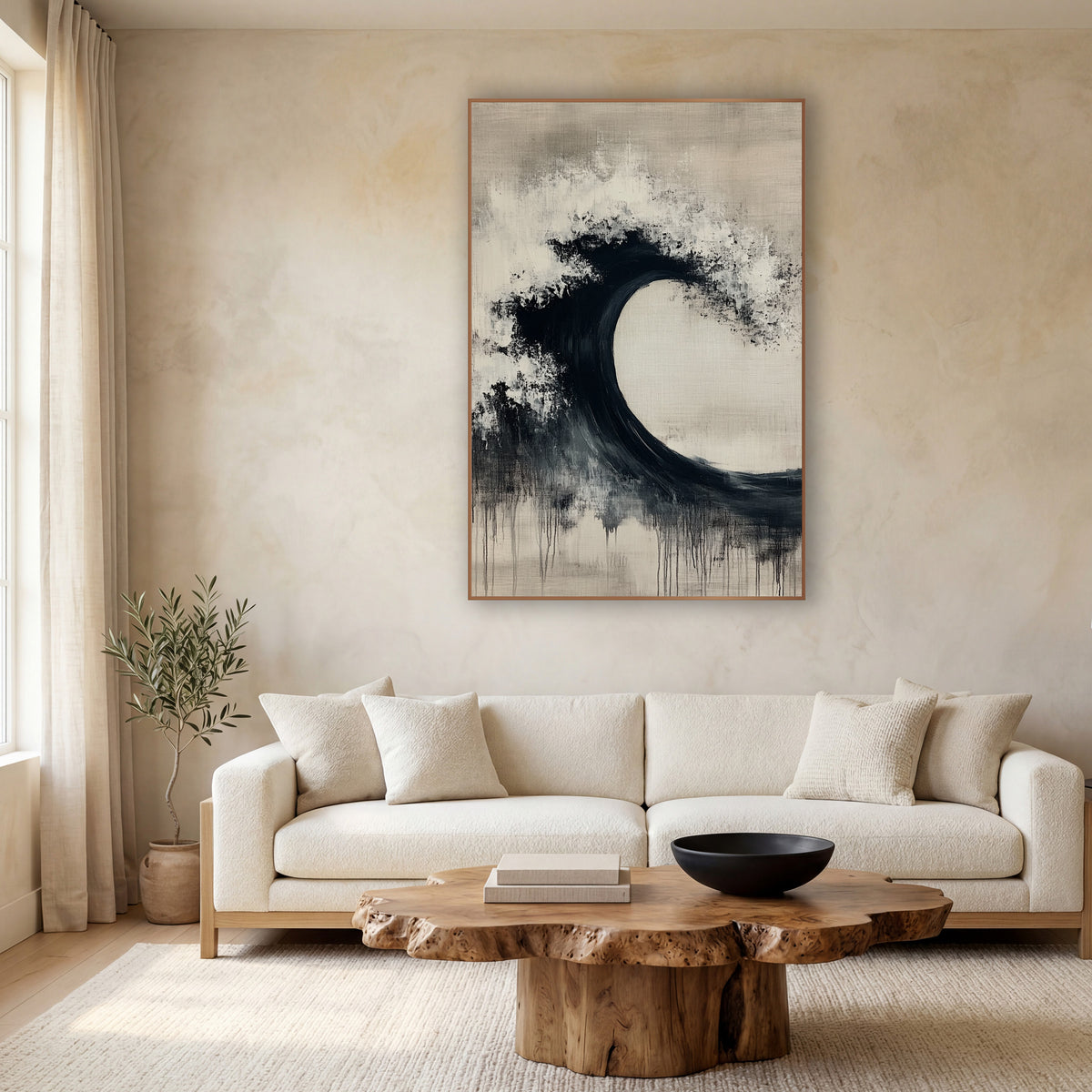 Black Ink Wave Arc Zen wall art in a calm Japandi-style room – abstract black wave arc with white speckled crest