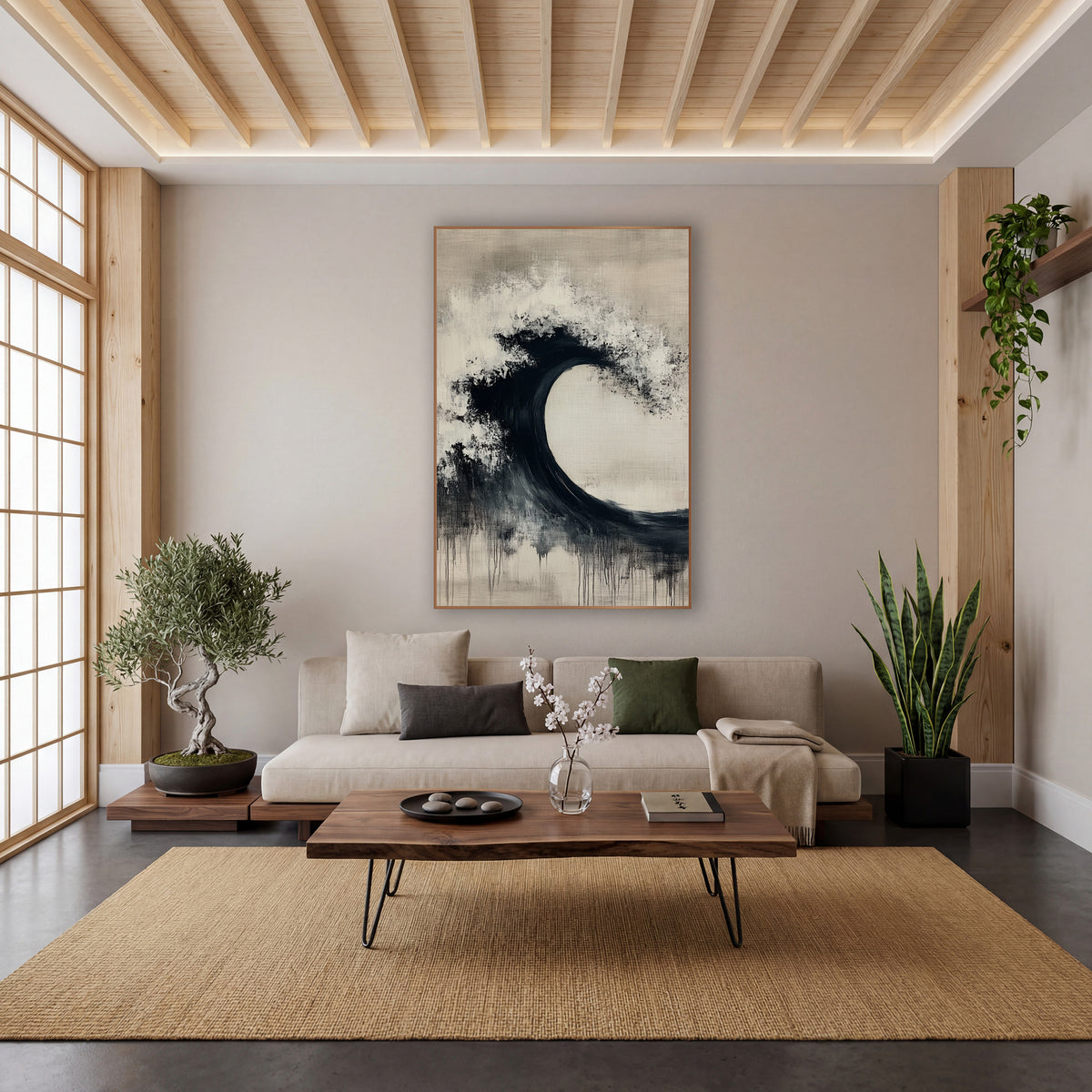 Black Ink Wave Arc Zen wall art in a calm Japandi-style room – abstract black wave arc with white speckled crest