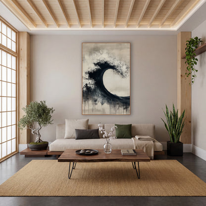Black Ink Wave Arc Zen wall art in a calm Japandi-style room – abstract black wave arc with white speckled crest
