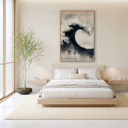 Black Ink Wave Arc Zen wall art in a calm Japandi-style room – abstract black wave arc with white speckled crest