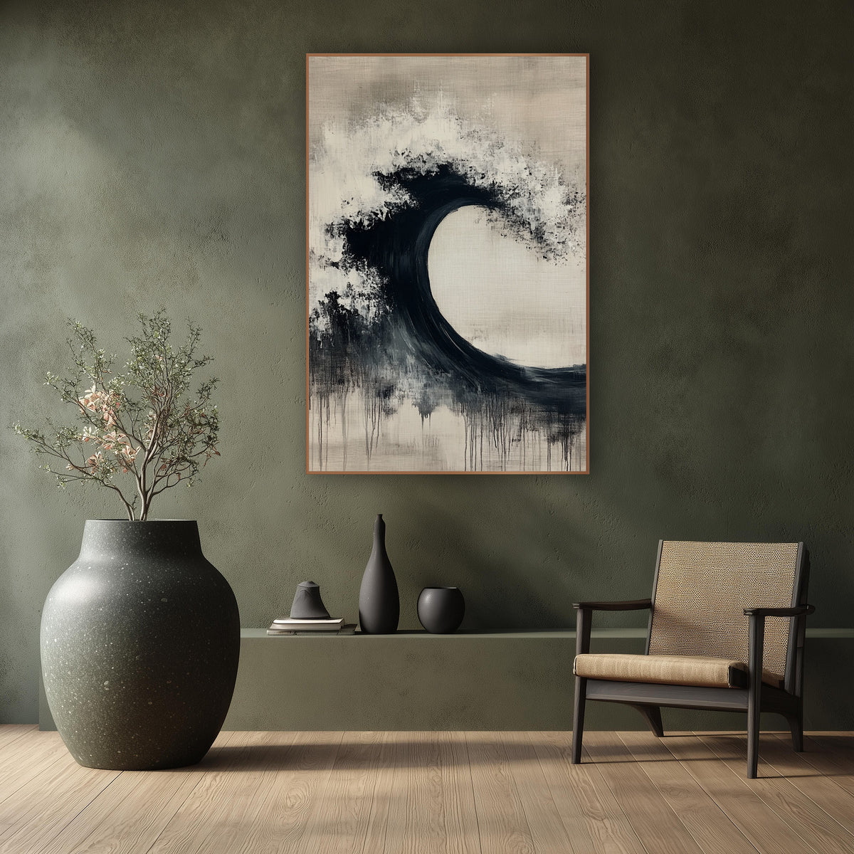 Black Ink Wave Arc Zen wall art in a calm Japandi-style room – abstract black wave arc with white speckled crest