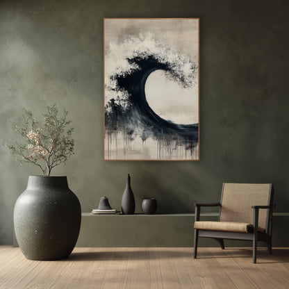 Black Ink Wave Arc Zen wall art in a calm Japandi-style room – abstract black wave arc with white speckled crest
