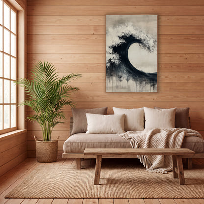 Black Ink Wave Arc Zen wall art in a calm Japandi-style room – abstract black wave arc with white speckled crest