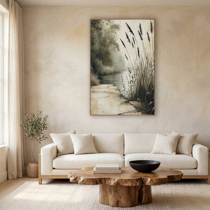 Cracked Stone Riverbank Japandi wall art in a calm Japandi-style room – tall dark reeds beside a quiet misty river