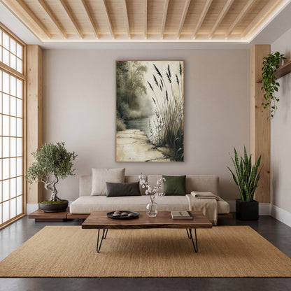 Cracked Stone Riverbank Japandi wall art in a calm Japandi-style room – tall dark reeds beside a quiet misty river