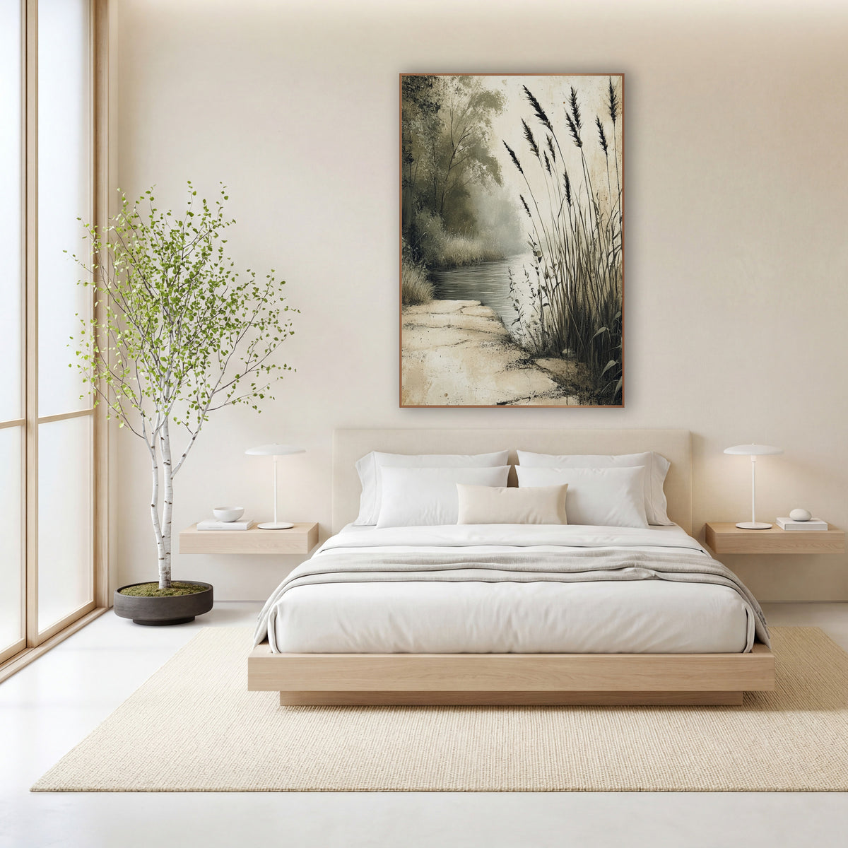 Cracked Stone Riverbank Japandi wall art in a calm Japandi-style room – tall dark reeds beside a quiet misty river