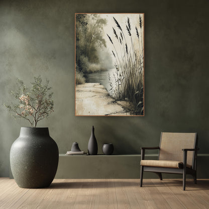 Cracked Stone Riverbank Japandi wall art in a calm Japandi-style room – tall dark reeds beside a quiet misty river