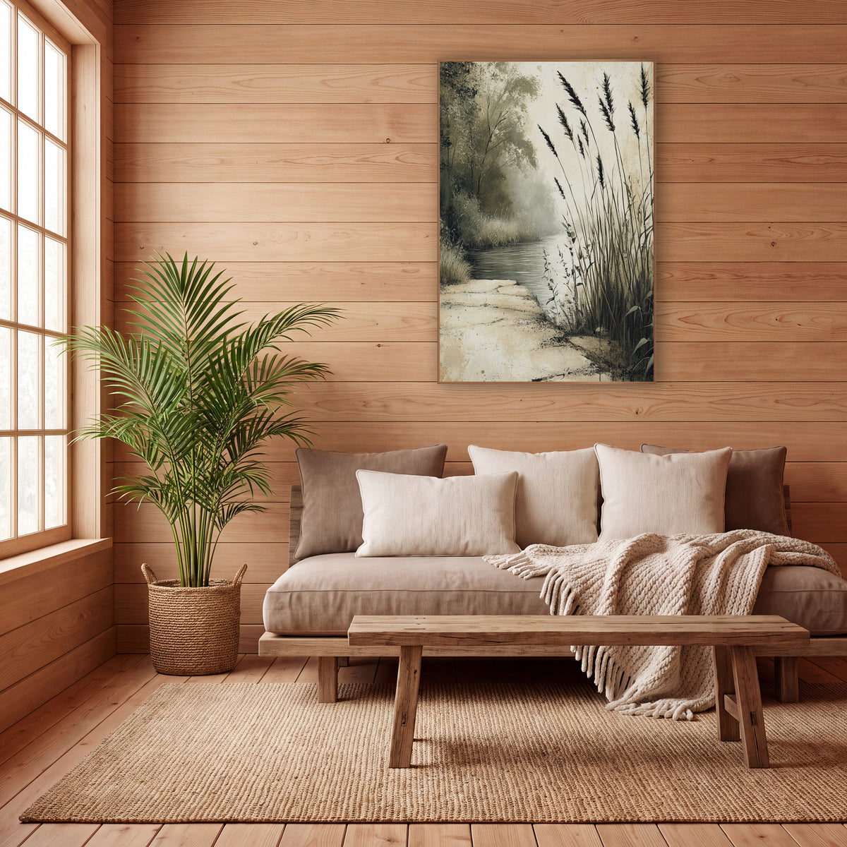 Cracked Stone Riverbank Japandi wall art in a calm Japandi-style room – tall dark reeds beside a quiet misty river