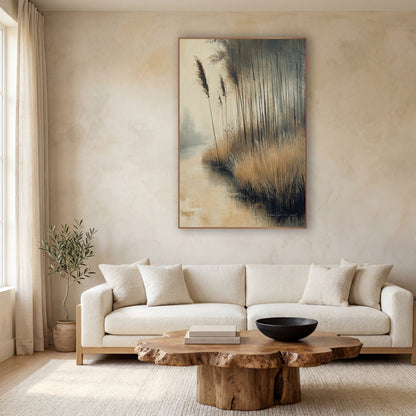 Golden Reed Channel Mist Landscape wall art in a calm Japandi-style room – golden reeds and slim dark trees