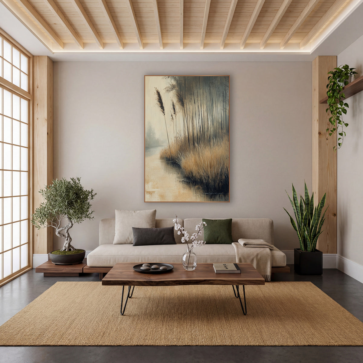 Golden Reed Channel Mist Landscape wall art in a calm Japandi-style room – golden reeds and slim dark trees