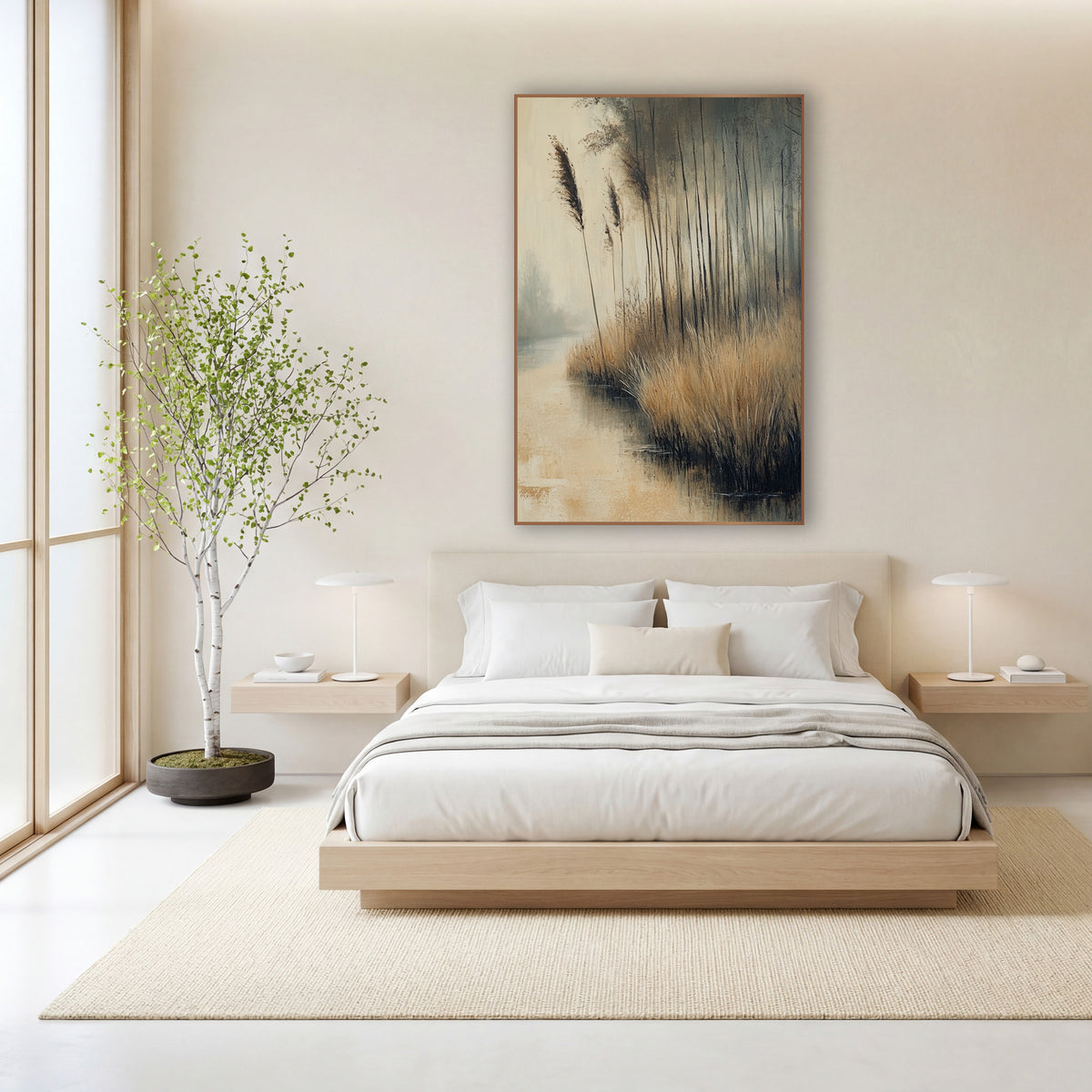 Golden Reed Channel Mist Landscape wall art in a calm Japandi-style room – golden reeds and slim dark trees