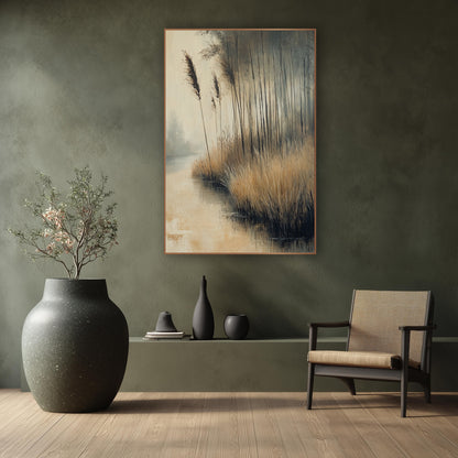 Golden Reed Channel Mist Landscape wall art in a calm Japandi-style room – golden reeds and slim dark trees