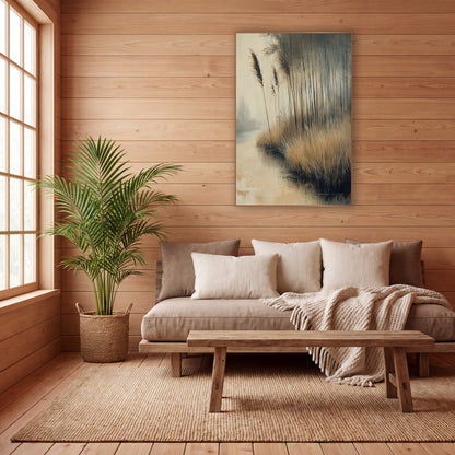 Golden Reed Channel Mist Landscape wall art in a calm Japandi-style room – golden reeds and slim dark trees