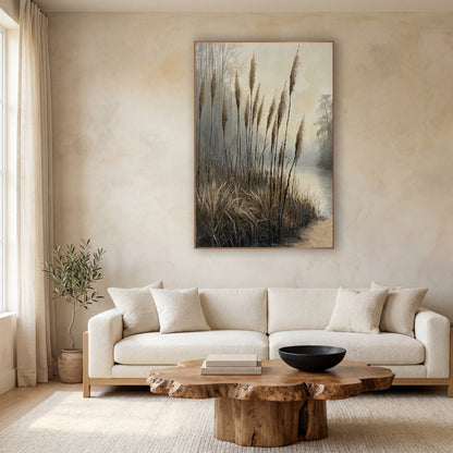 Misty Reed Plumes Japandi Style wall art in a calm Japandi-style room – tall tan reed plumes on thin dark stems