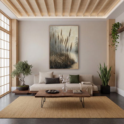 Misty Reed Plumes Japandi Style wall art in a calm Japandi-style room – tall tan reed plumes on thin dark stems