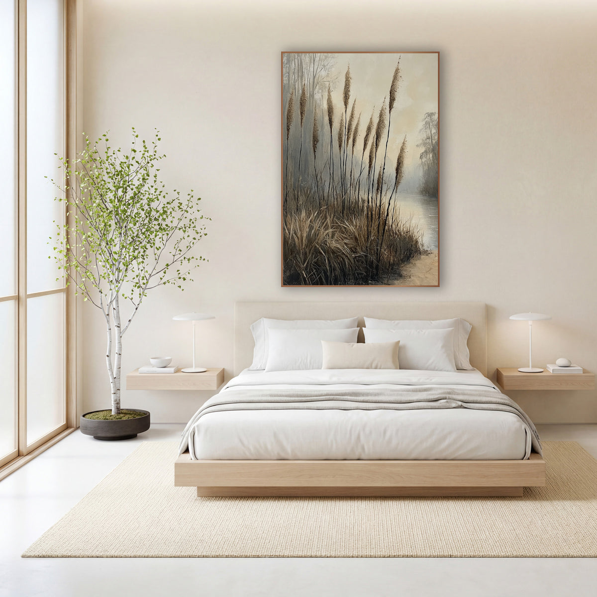 Misty Reed Plumes Japandi Style wall art in a calm Japandi-style room – tall tan reed plumes on thin dark stems
