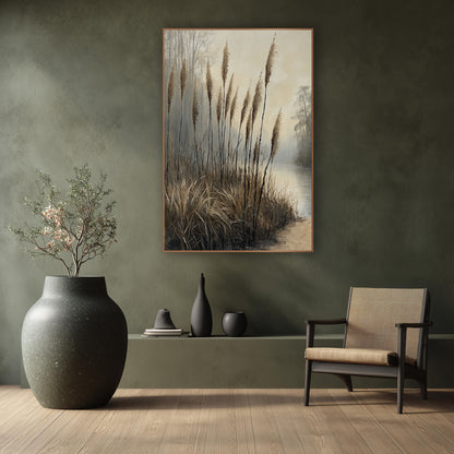 Misty Reed Plumes Japandi Style wall art in a calm Japandi-style room – tall tan reed plumes on thin dark stems