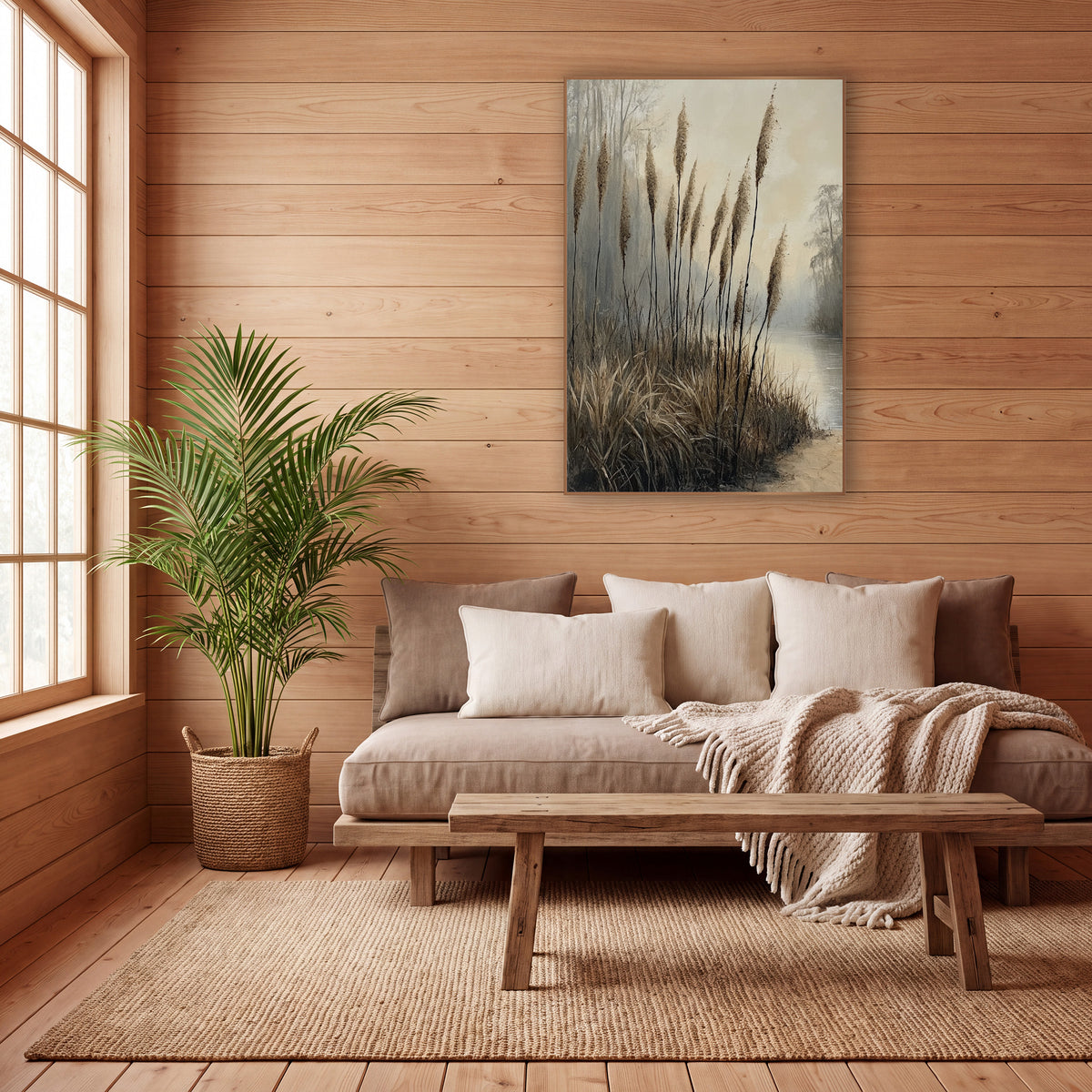 Misty Reed Plumes Japandi Style wall art in a calm Japandi-style room – tall tan reed plumes on thin dark stems