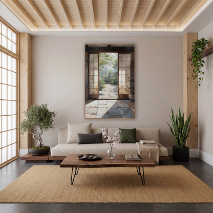 Shoji Door Courtyard Japandi wall art in a calm Japandi-style room – open wooden tea house doorway with screen doors