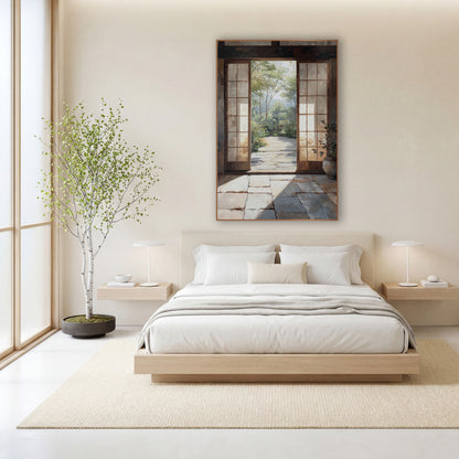 Shoji Door Courtyard Japandi wall art in a calm Japandi-style room – open wooden tea house doorway with screen doors