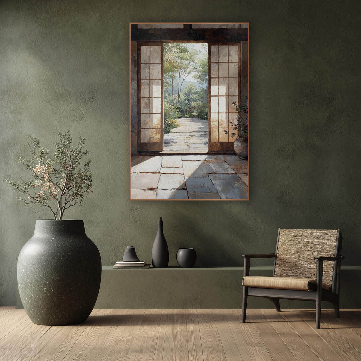 Shoji Door Courtyard Japandi wall art in a calm Japandi-style room – open wooden tea house doorway with screen doors