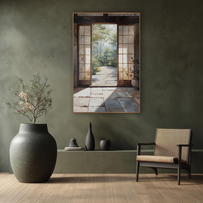 Shoji Door Courtyard Japandi wall art in a calm Japandi-style room – open wooden tea house doorway with screen doors