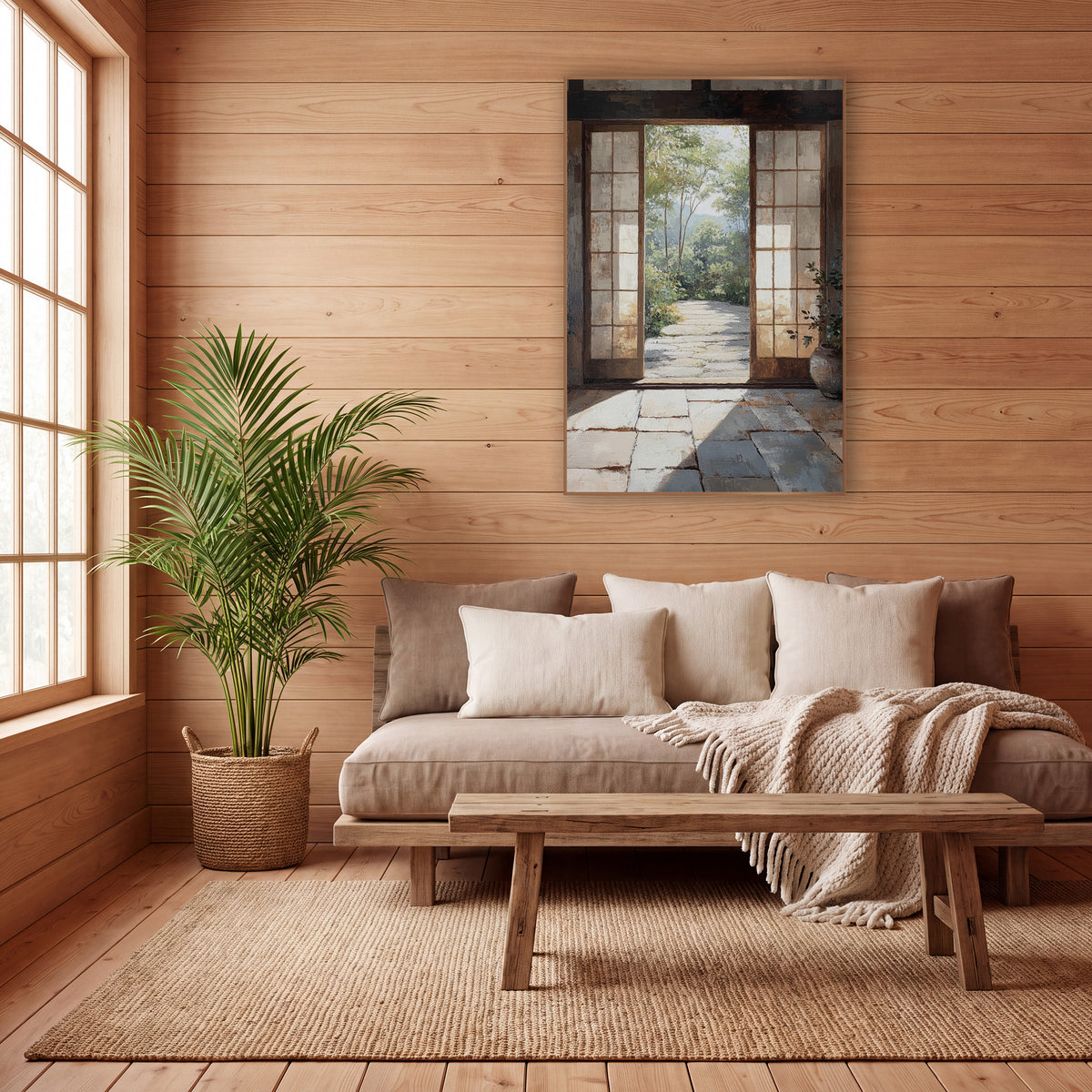 Shoji Door Courtyard Japandi wall art in a calm Japandi-style room – open wooden tea house doorway with screen doors