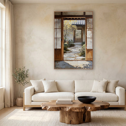 Japanese Garden Doorway Stone Path wall art in a calm Japandi-style room – open wooden doorway with worn white panels