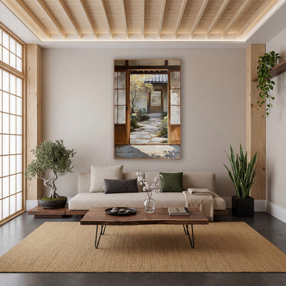 Japanese Garden Doorway Stone Path wall art in a calm Japandi-style room – open wooden doorway with worn white panels