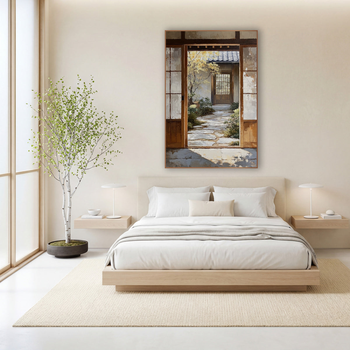 Japanese Garden Doorway Stone Path wall art in a calm Japandi-style room – open wooden doorway with worn white panels