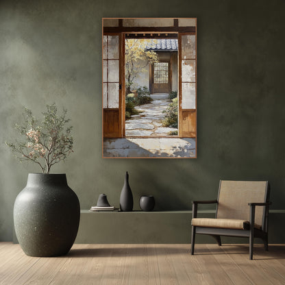 Japanese Garden Doorway Stone Path wall art in a calm Japandi-style room – open wooden doorway with worn white panels